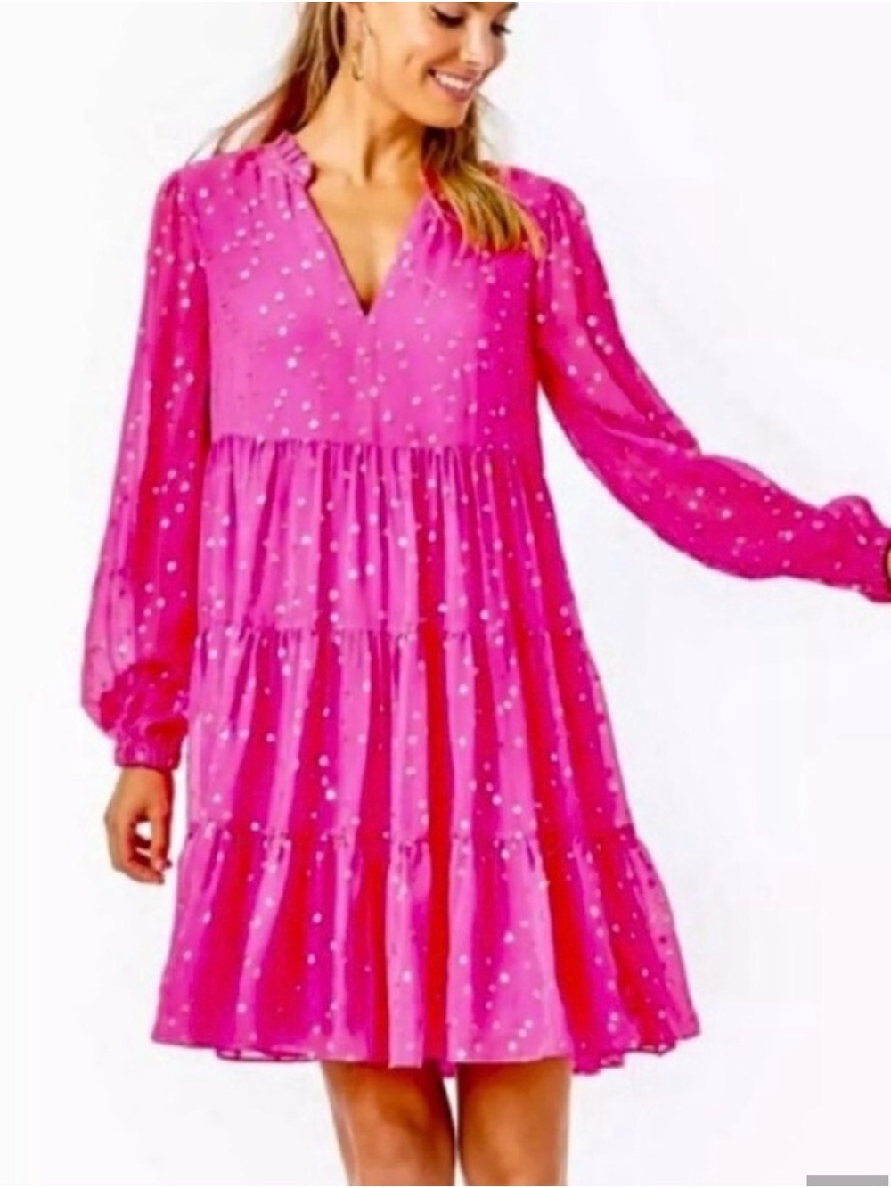 Lilly Pulitzer Sarita silk Hot Pink Tiered V-Neck Dress with Metallic Dots - Picture 2 of 4